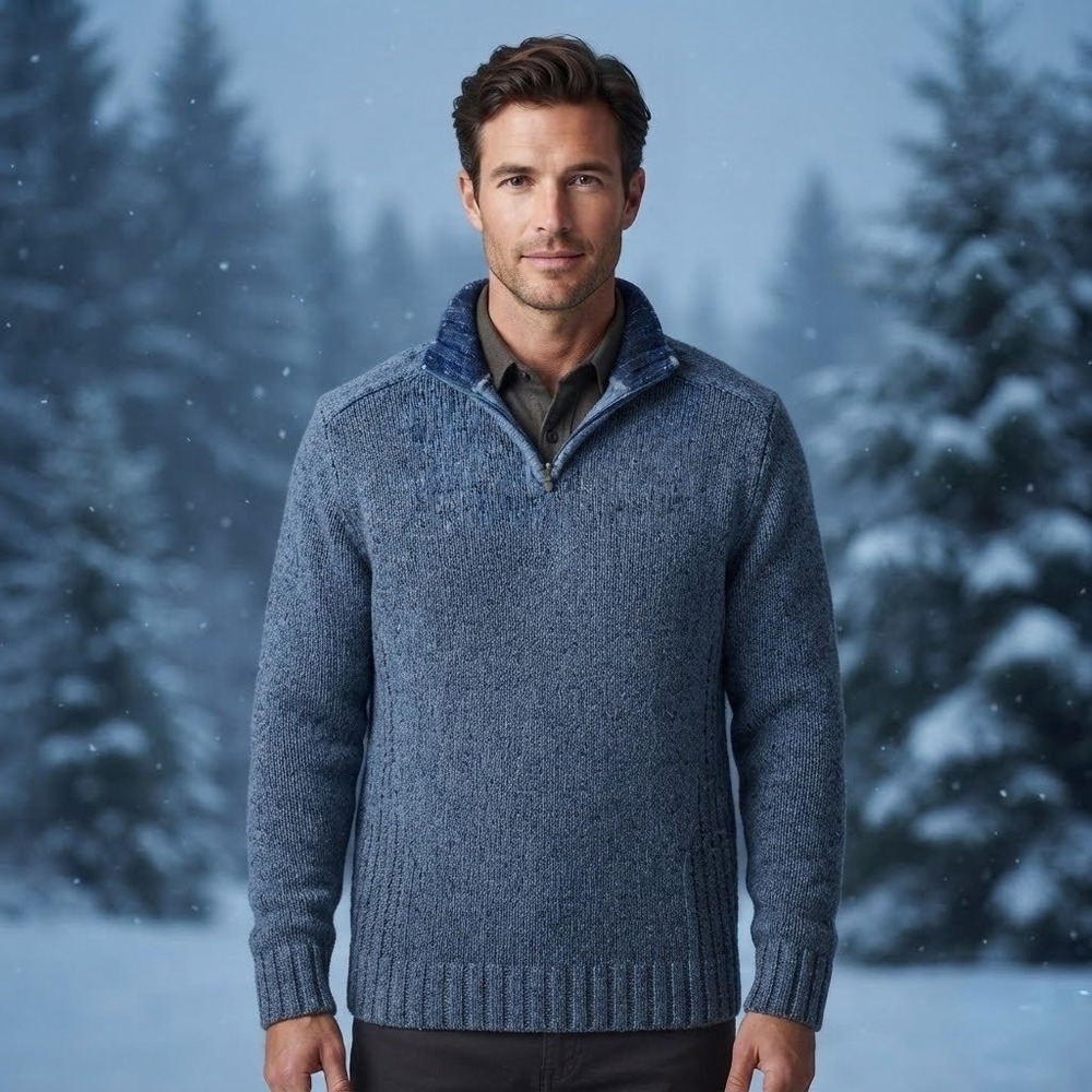 Vintage Wool Blend Quarter Zip Sweater Mens Large Blue Marl Knit Pullover Winter